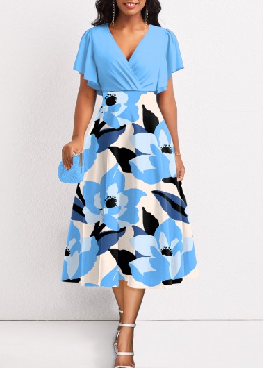 Floral Print Surplice Light Blue V Neck Dress