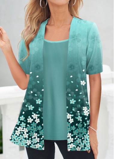 Floral Print Fake 2in1 Cyan T Shirt