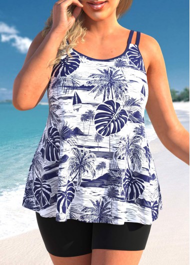 Navy Plus Size Plants Print Tankini Top
