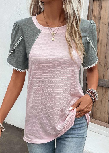 Patchwork Round Neck Short Sleeve Pink T Shirt