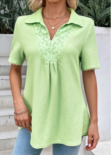 ROTITA Patchwork Light Green Shirt Collar Short Sleeve Blouse