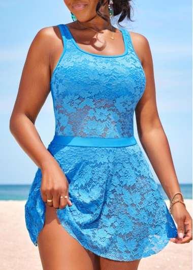 Lace Sky Blue Patchwork One Piece Swimwear