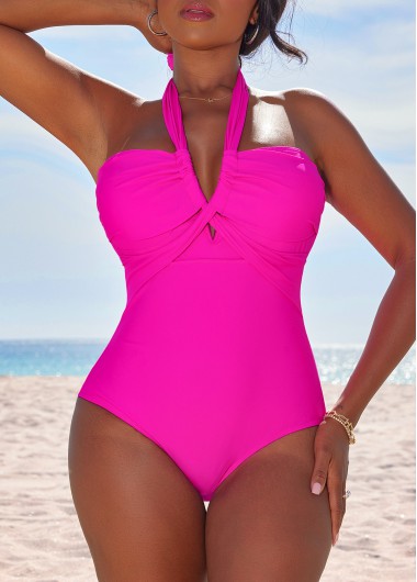 Criss Cross Hot Pink Lace Up One Piece Swimwear