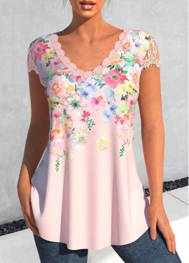 Floral Print Patchwork Light Pink T Shirt