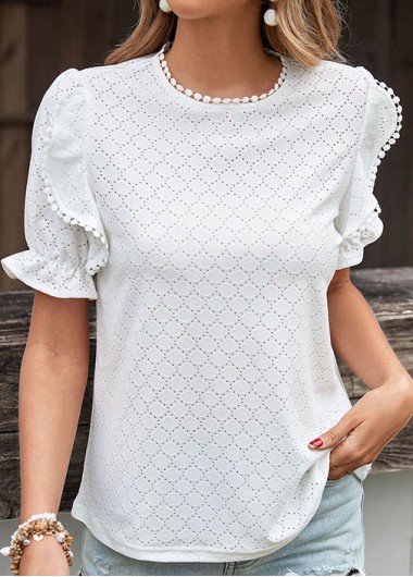 Round Neck Button White Short Sleeve T Shirt
