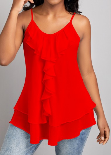 Red Scoop Neck Strappy Ruffle Camisole Top