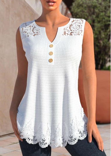 Split Neck Lace White Tank Top