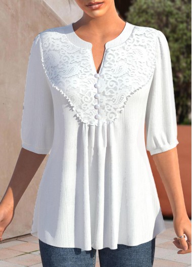 ROTITA Lace White Split Neck Half Sleeve Blouse