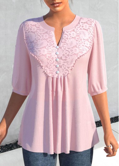 Split Neck Lace Light Pink Half Sleeve Blouse