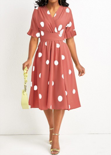 Polka Dot Belted Criss Cross Avocado Green Dress