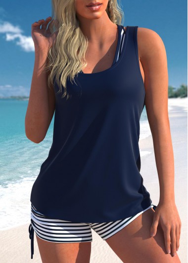 ROTITA Three-Piece Navy Striped Mid Waisted Tankini Set
