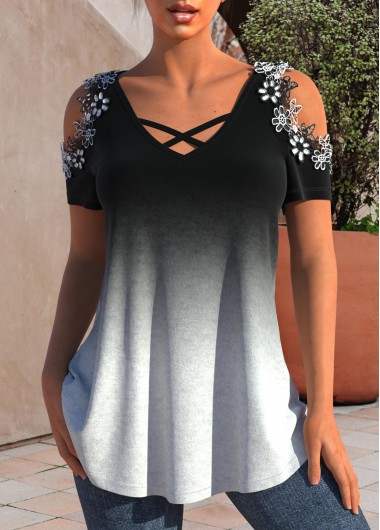 Ombre Patchwork Black Round Neck T Shirt