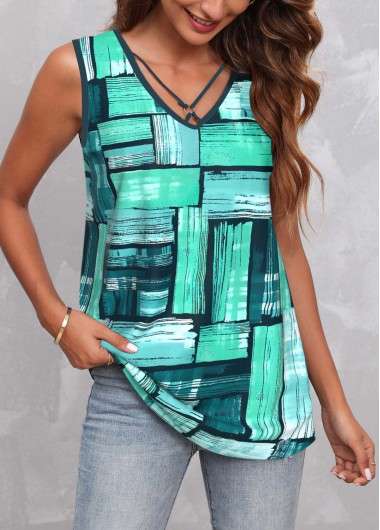 Geometric Print Circular Ring Green Tank Top