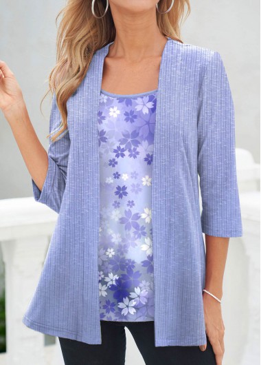 Floral Print Fake 2in1 Light Purple T Shirt
