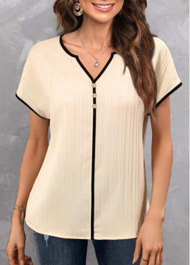 Split Beige Short Sleeve Light Weight Blouse