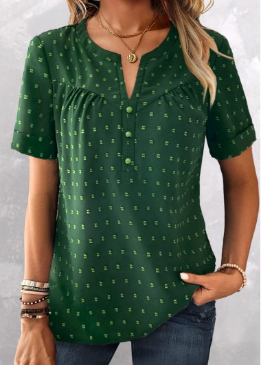 ROTITA Button Green Split Neck Short Sleeve Blouse