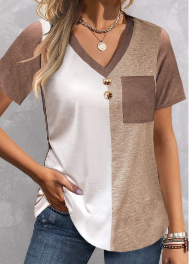 ROTITA Pocket Light Camel V Neck T Shirt