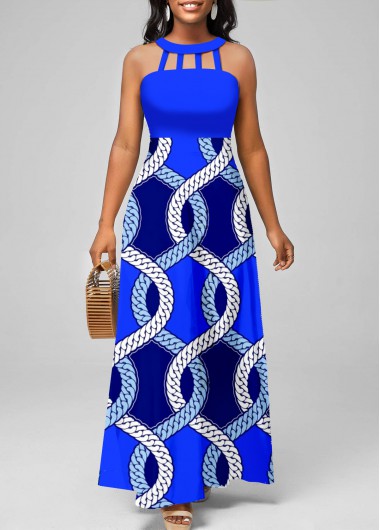 Tribal Print Cage Neck Royal Blue Maxi Dress