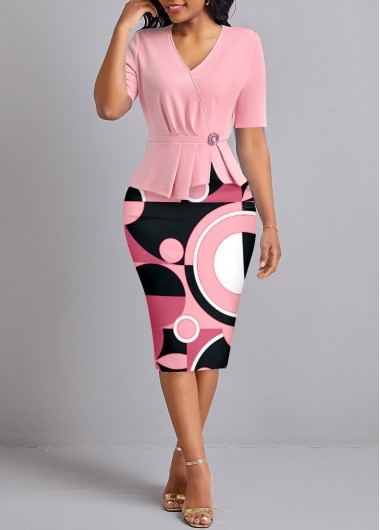 Geometric Print Ruched Pink V Neck Bodycon Dress