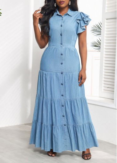 Denim Blue Shirt Collar Ruffle Maxi Dress