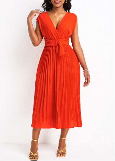 Pleated Tie Neon Red V Neck Dress