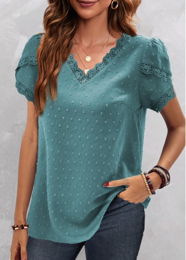 ROTITA Lace Turquoise V Neck Short Sleeve Blouse