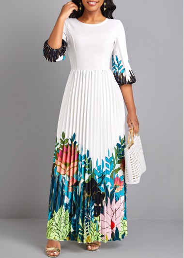 Round Neck Floral Print Pleated White Maxi Dress
