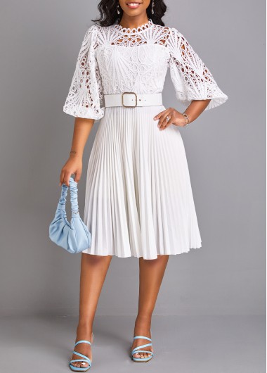 ROTITA Pleated White Belted Round Neck Dress