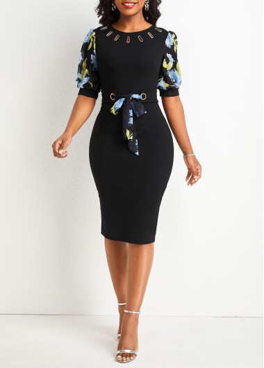 Floral Print Patchwork Black Round Neck Bodycon Dress