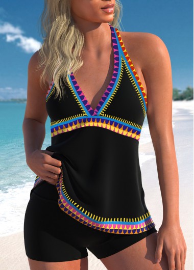 Tribal Print Patchwork Black Tankini Top