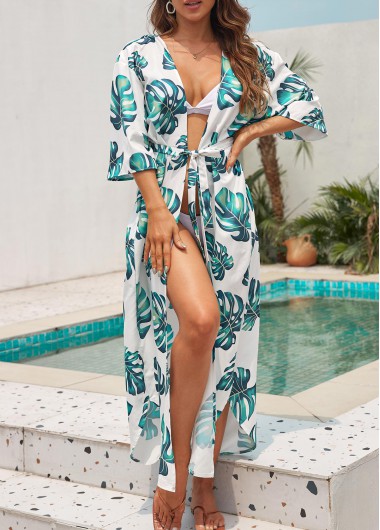 Leaf Print Tie White Cover Up