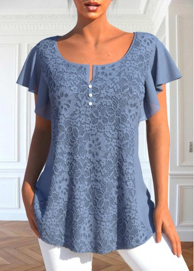 Dusty Blue Split Neck Lace T Shirt