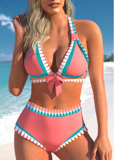ROTITA Bowknot Pink Tribal Print Mid Waisted Bikini Set