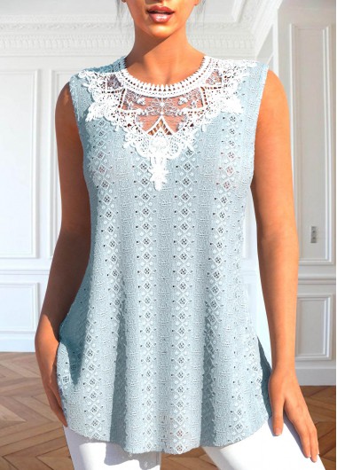 Dusty Blue Round Neck Patchwork Tank Top