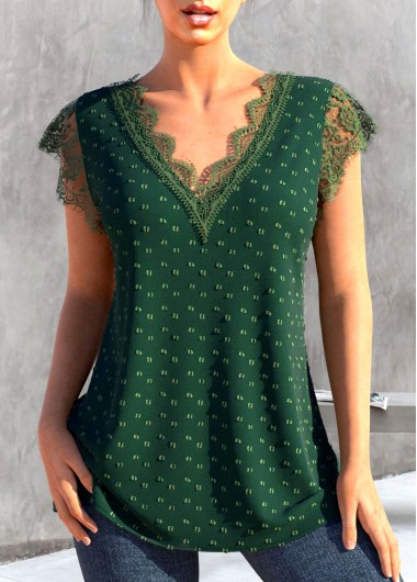ROTITA Patchwork Green V Neck Short Sleeve T Shirt