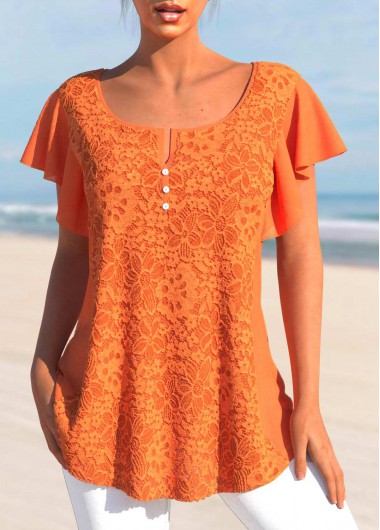 Orange Split Neck Short Sleeve Lace T Shirt