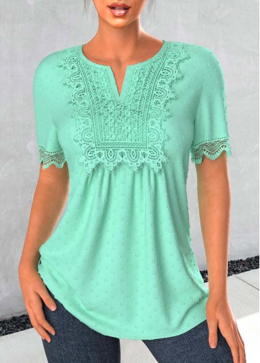 Mint Green Split Neck Short Sleeve Patchwork Blouse