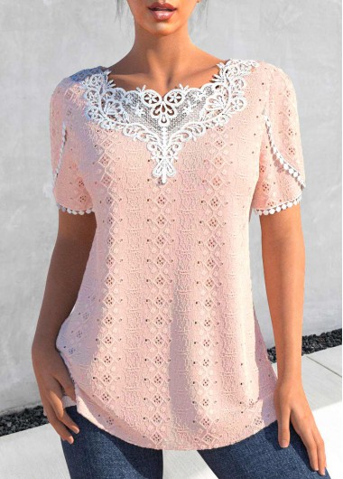Dusty Pink Round Neck Patchwork T Shirt