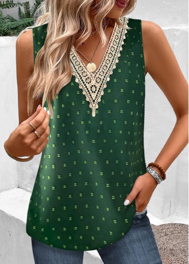 Green V Neck Lace Tank Top