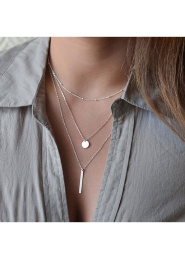 Round Geometric Pattern Alloy Detail Silver Necklace