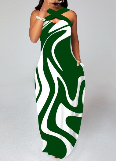 Geometric Print Criss Cross Green Maxi Dress