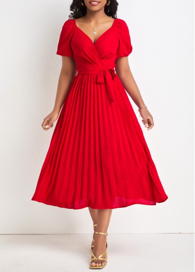 Pleated Belted Red V Neck Short Sleeve Dress