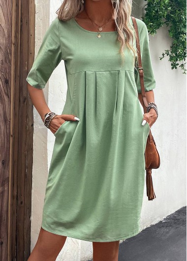 Pocket Green Round Neck Shift Dress