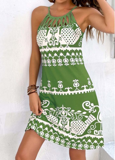 Tribal Print Cage Neck Avocado Green Dress