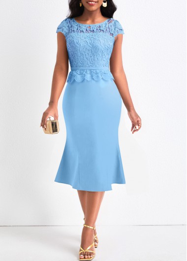 Light Blue Round Neck Lace Bodycon Dress