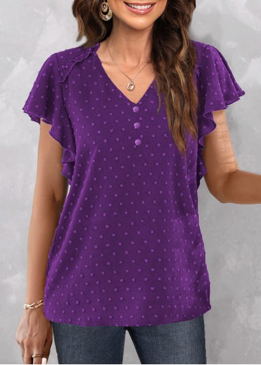 Purple V Neck Short Sleeve Button Blouse