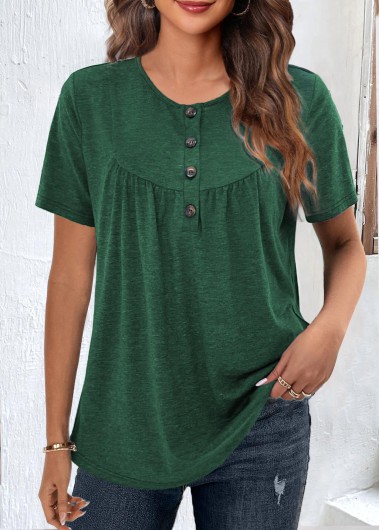 Green Round Neck Short Sleeve Button T Shirt