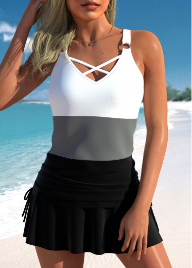 Drawstring Black V Neck Tankini Top