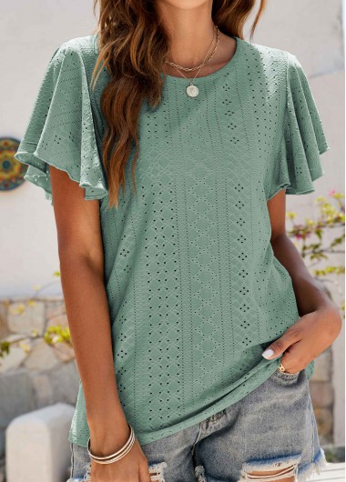 Green Round Neck Short Sleeve Ruffle T Shirt