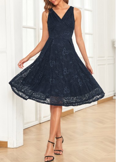 Lace Navy V Neck Sleeveless Dress